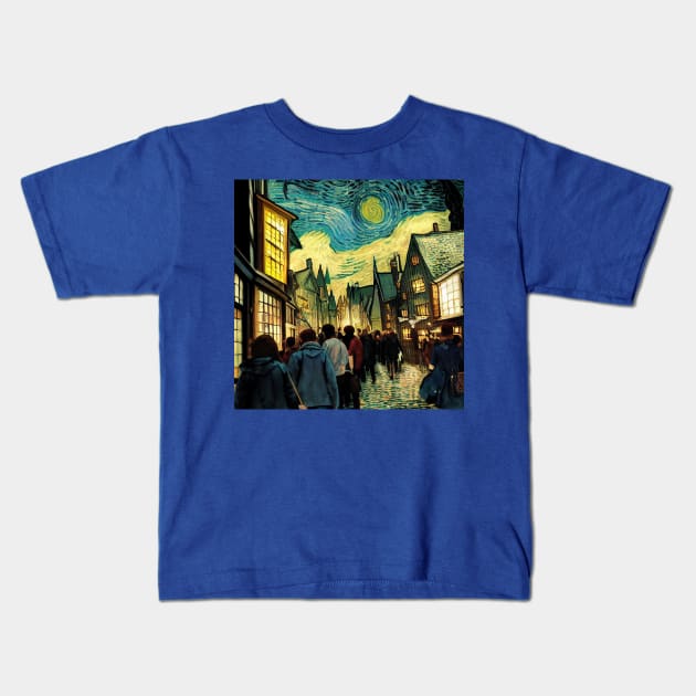 Starry Night in Diagon Alley Kids T-Shirt by Grassroots Green